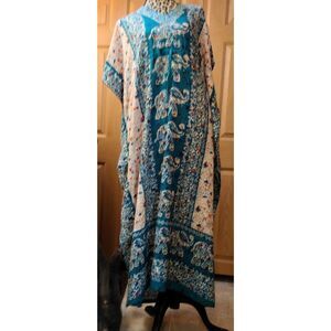Women Long Kaftan Women One Size Maxi Dress Beach Caftan Poncho Blue Elephant
